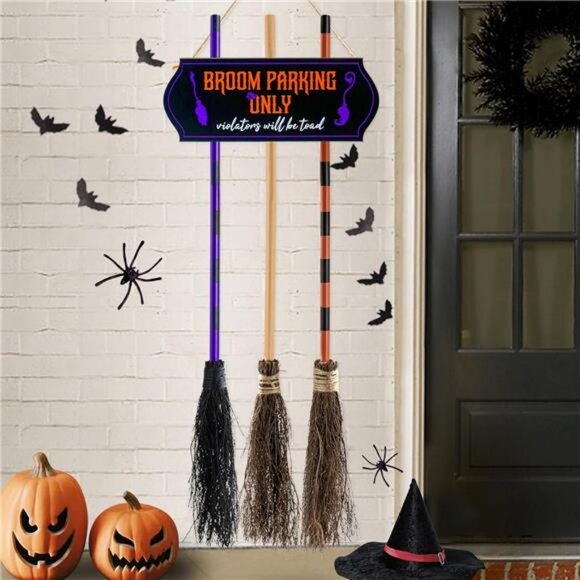 Porch Halloween Decorations - Halloween Broom Parking Sign with 3 Wooden Witches - Picture 1 of 7